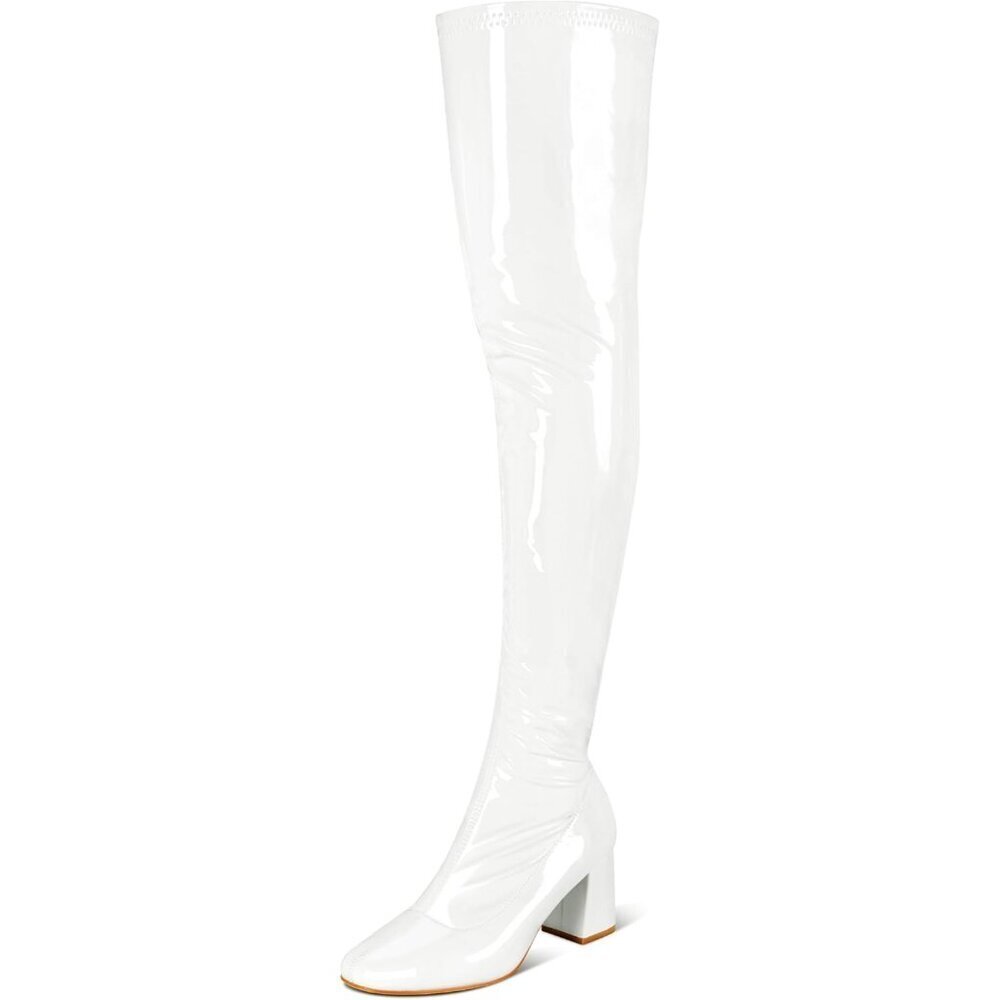 Women White Patent Leather PU Chunky Heel Over The Knee Square Toe Long Boot